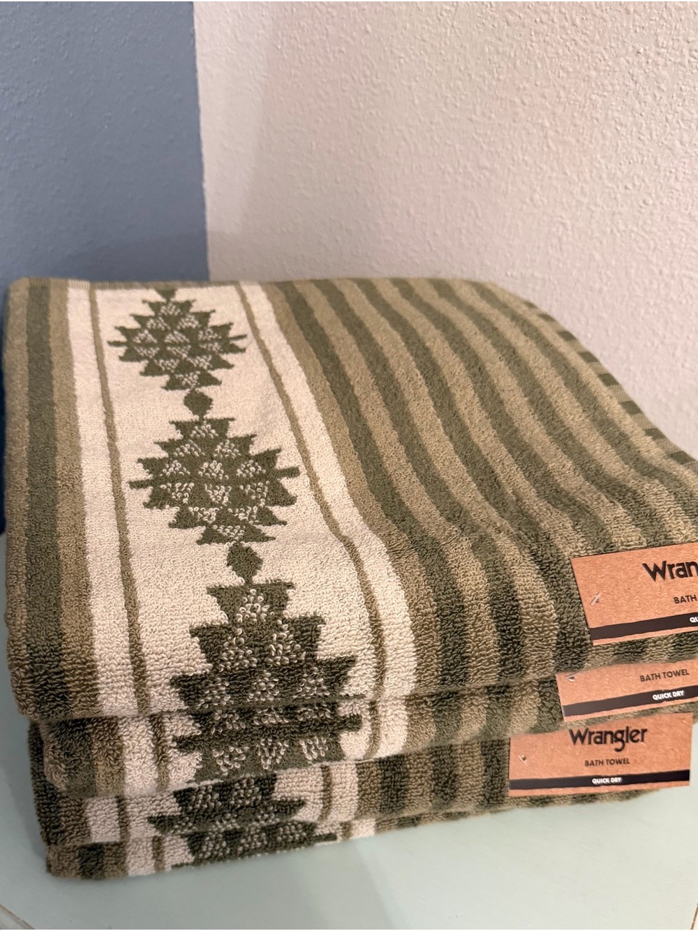 Wrangler Olive Green and Cream Striped Bath Towels-Set of 4